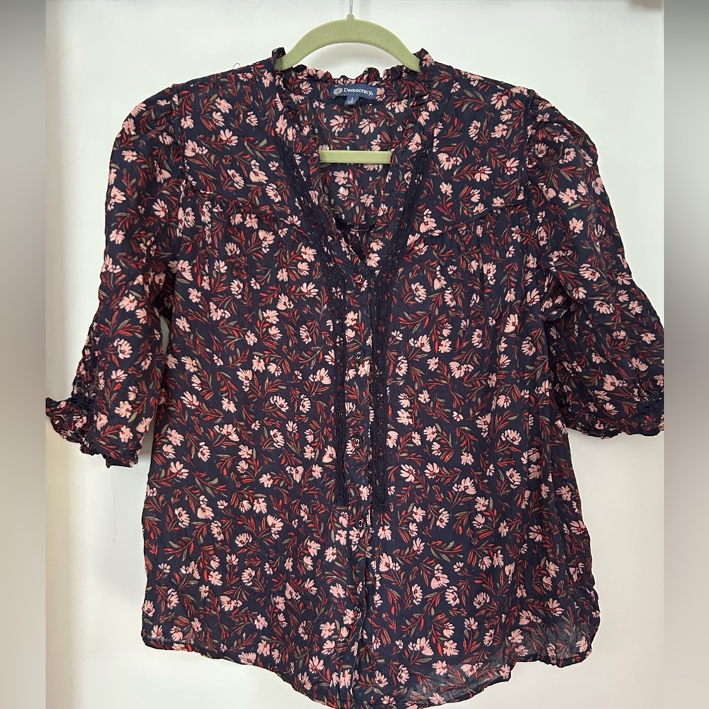 DEMOCRACY Blue and Purple Ruffled Blouse with Mandarin Collar
